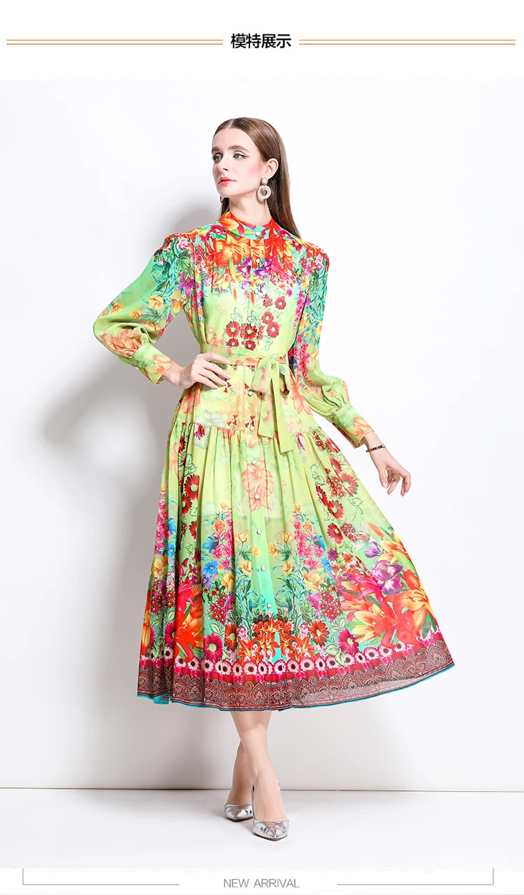 ZAROY Elegant Lantern Sleeve Single-breasted Dress Boho Slim Waist Belt Fashion Dress Women Vintage A-line Print Party Vestidos