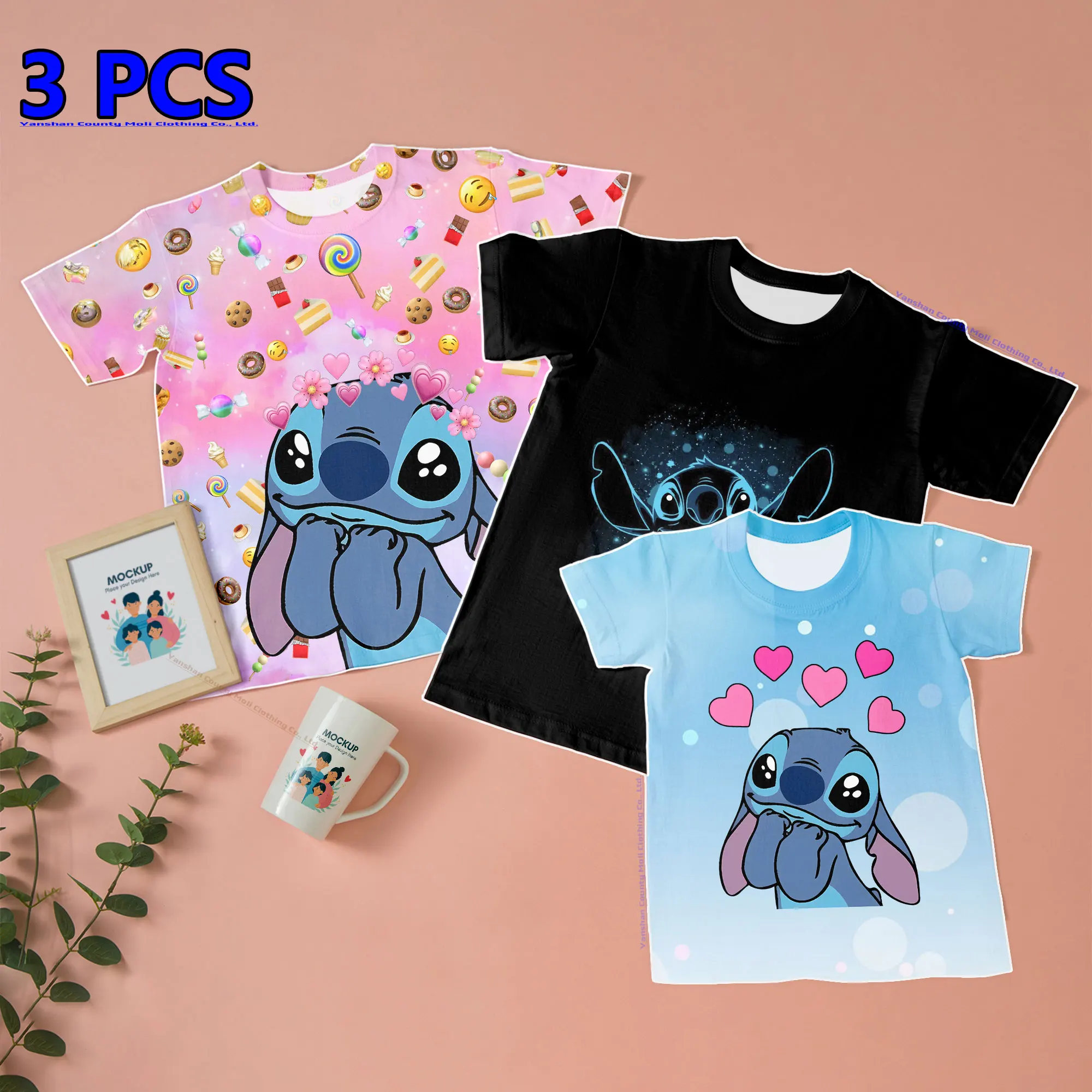 3 Pcs Clothes Disney Stitch Kids' Kawaii T Shirts Boys' T-Shirt Graphic Tee Children Casual Tees Girls Loose Short Sleeve Tops