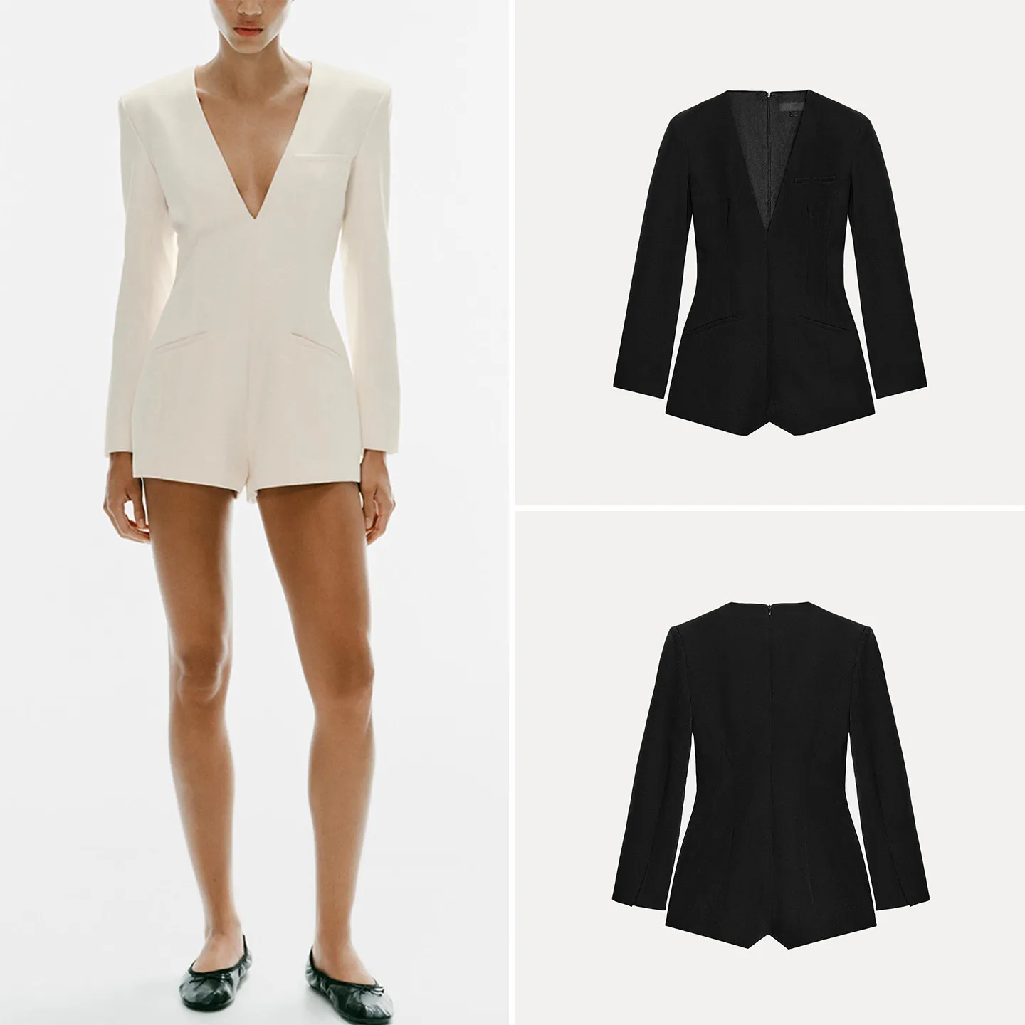 ZADATA Women's Short One-Piece Suit 2026 Autumn Long Sleeve V-Neck Padded Shoulder Design Casual Fashion mid Waist Short Pants