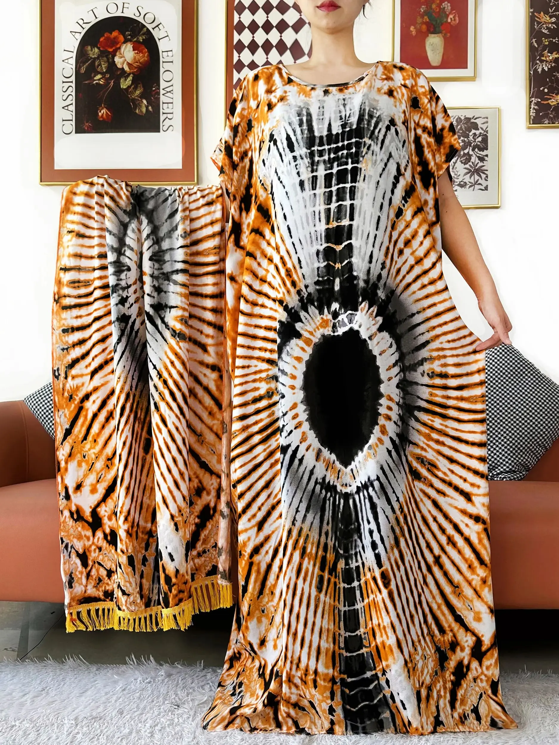 우아한 무슬림 드레스 타이다이 O넥 반팔 코튼 여성 루즈 아바야 보헤미안 맥시 드레스 캐주얼 드레스 아프리카 베스티도스