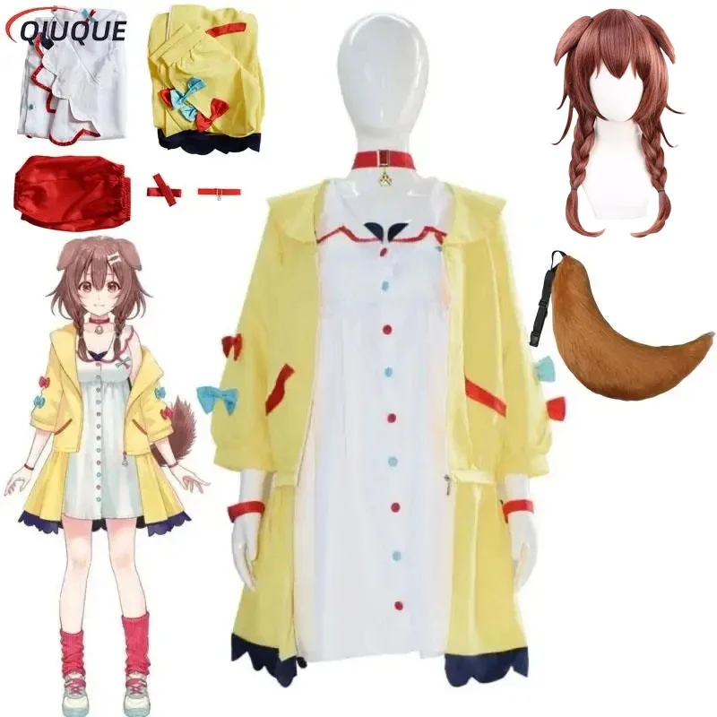 VTuber Inugami Korone Cosplay Costume para Mulheres, Peruca Cauda, Vestido Bonito, Saia, Casaco, Acessórios Uniformes, Halloween, Roupas de Festa de Carnaval