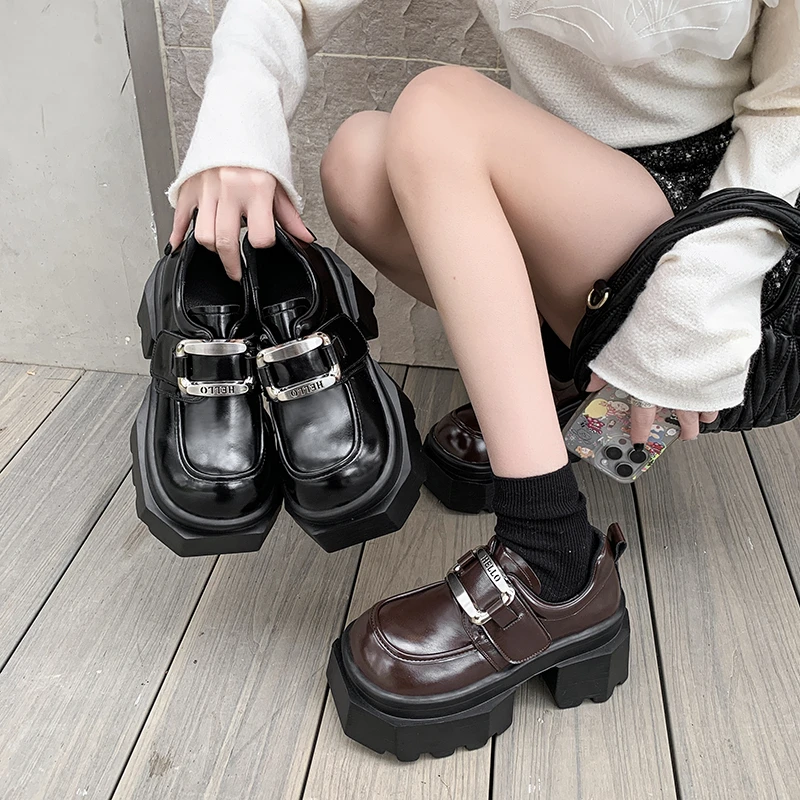 9 سنتيمتر منصة المتسكعون للمرأة مصمم الأزياء سميكة وحيد حذاء كاجوال للنساء حزام مريح مشبك جلد ماري جين عالية الكعب