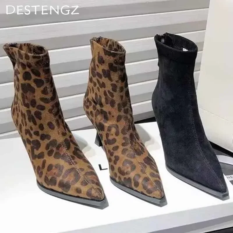 Leopard High Heels Ankle Boots Pointed Toe Fashion Suede Walking Shoes Brand Pumps Designer Dress Goth Botas Mujer