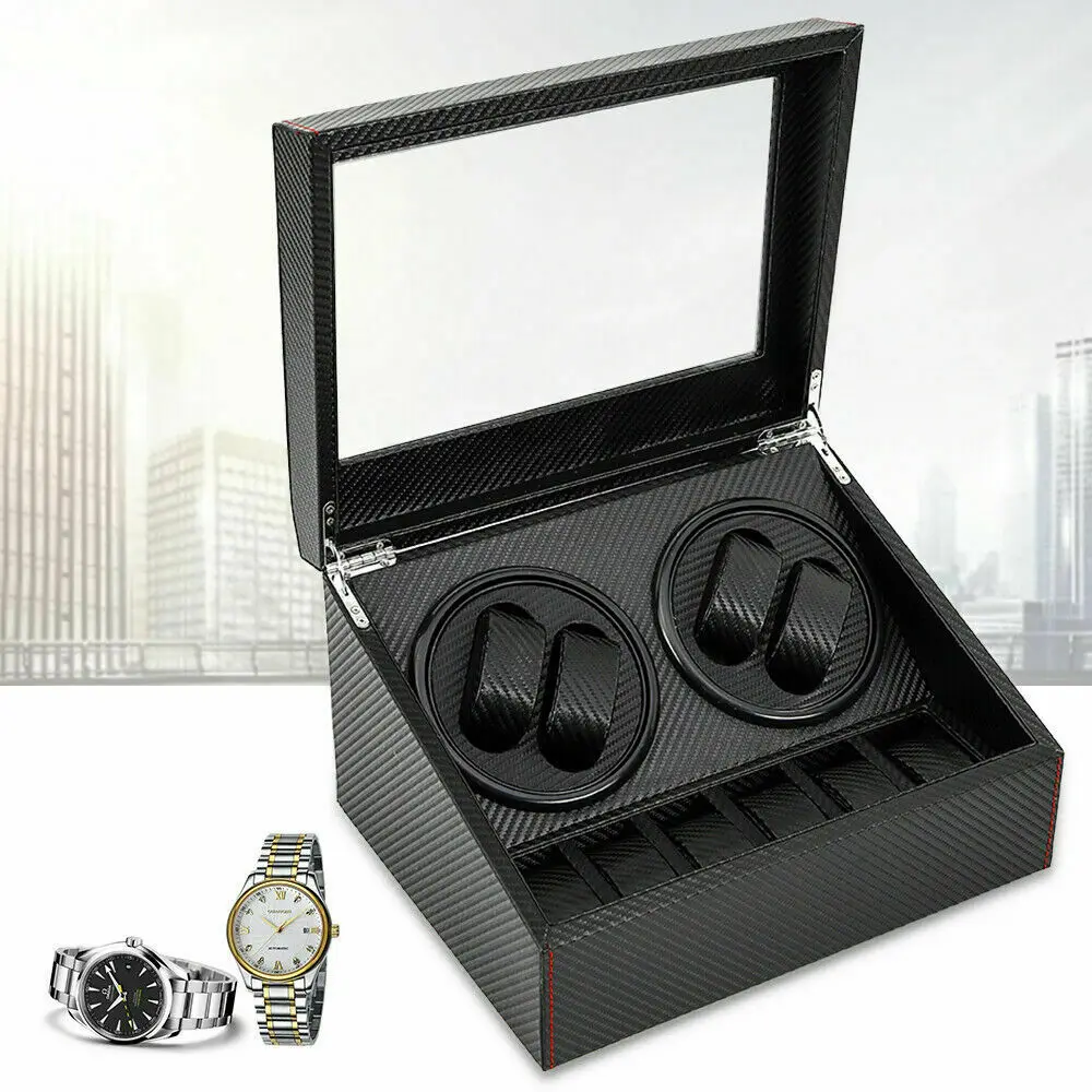 

4+6 Automatic Rotation Watch Winder Carbon Fiber Watch Display Box Case Storage Organizer 2 Motor Black