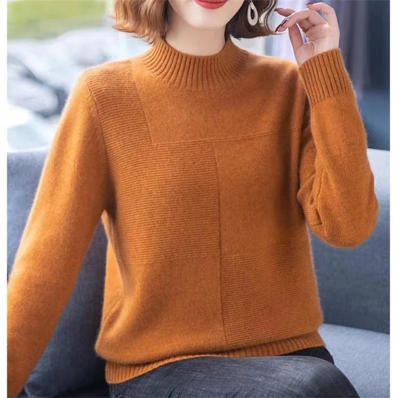 2023 Winter Women Simple Casual Half High Collar Thick Soft Knitted Sweater Female Solid Long Sleeve Loose Pullover Tops Jumpers