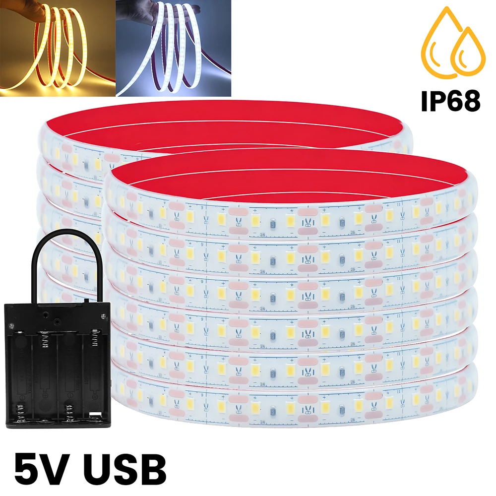 5V USB/Battery Power LED Strip Light SMD 2835 120 LEDs Flex Adhesive Tape IP68 Portable Silicone Lamp Warm White Home Lighting