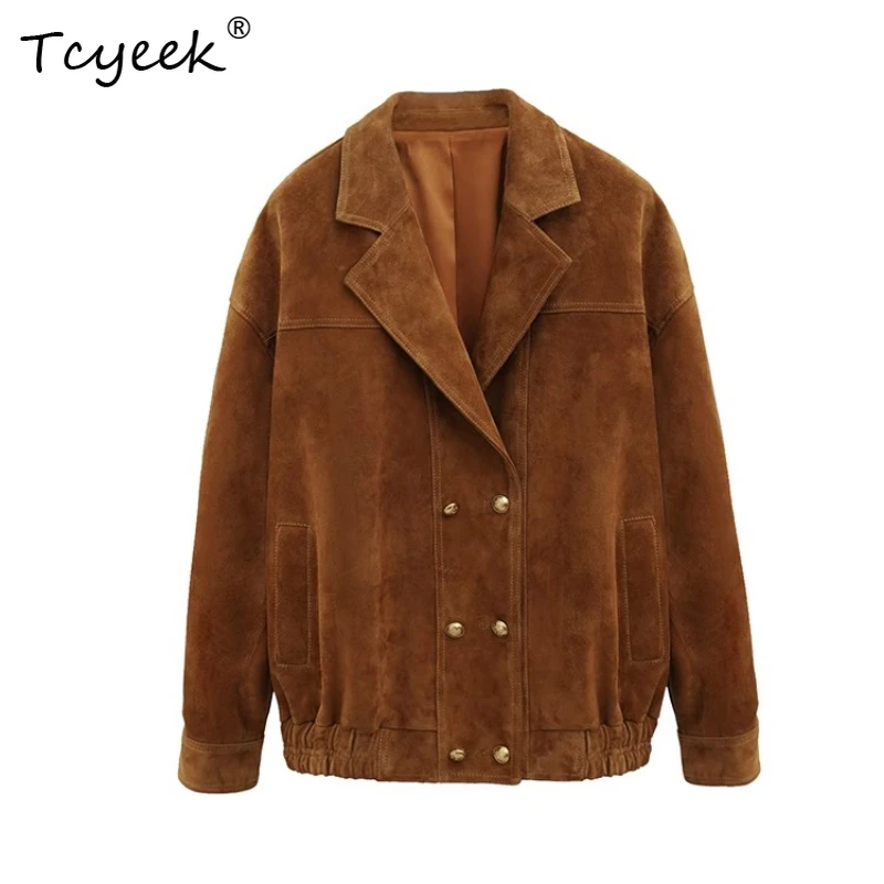 Tcyeek Schaffell Frühling Herbst High-End Trendy Anzug Kragen Wildleder Braun Damen Echtlederjacke Ж Ett Bydyddydd Mohamed