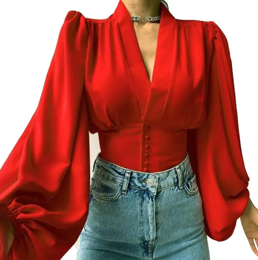 New Autumn Fashion Lantern Sleeve V-neck Solid Color Slim Fit Shirt For Women,9 Colors