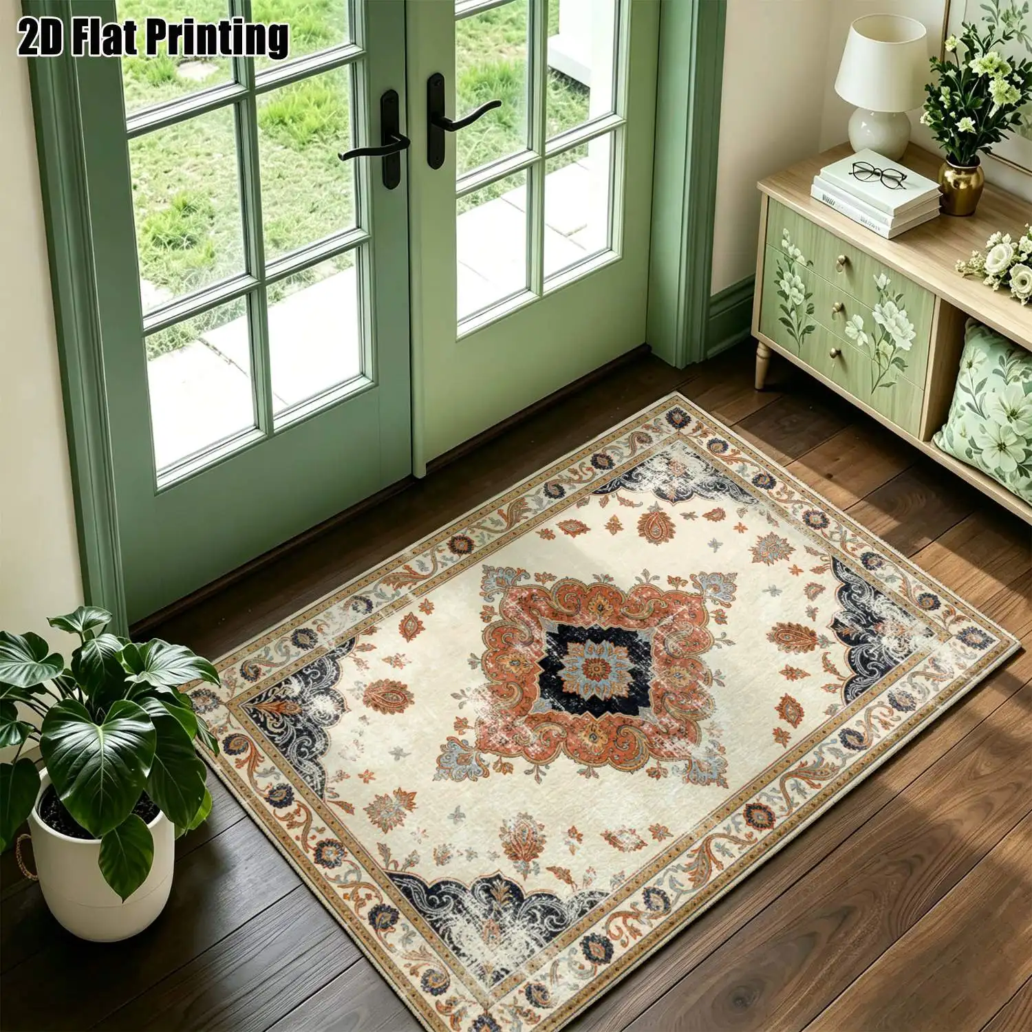 1Pc 2D Printed Carpet: Light Green Retro Scroll Floral Pattern, European Style, Machine Washable, Multi-Size for Home Decor, Multi-Scene Use