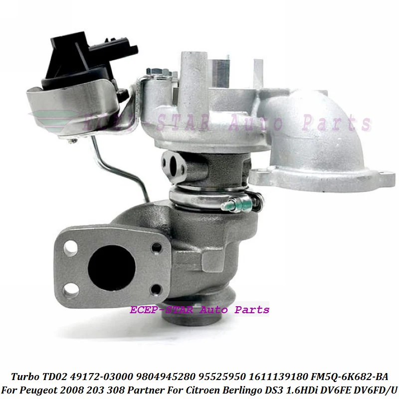

Турбокомпрессор TD02L 49172-03000 9804945280 для Peugeot 2008, 203, 308, Partner; для Citroen Berlingo, DS3 1.6L HDi DV6FE DV6FD DV6FDU 95 л.с.