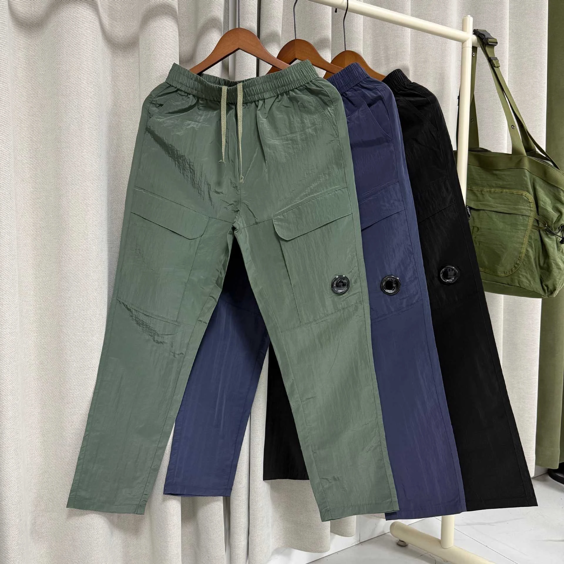 Casual Metal Nylon Long Pants Set with Pockets for Men And Women Spring Fashion Loose Fit Trousers Straight Leg Zipper Fly