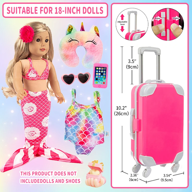 Costume da sirena Set da 18 pollici/40 cm Occhiali da sole Costume da bagno Bagagli Vestiti per bambole americane Gonna Baby Doll Reborn Doll Toys Ragazza regalo