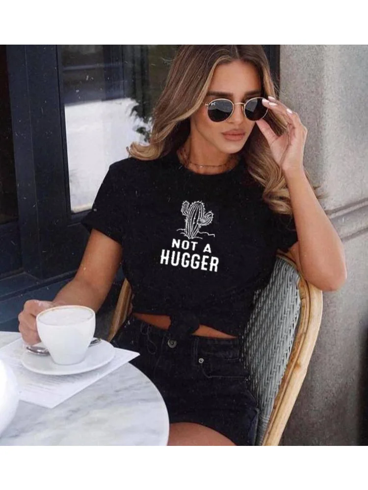 Harajuku Not A Hugger Letter Tshirts Women Black T Shirt Strong Cactus Kawaii Summer Fashion Tumblr Graphic Grunge Shirt Clothes