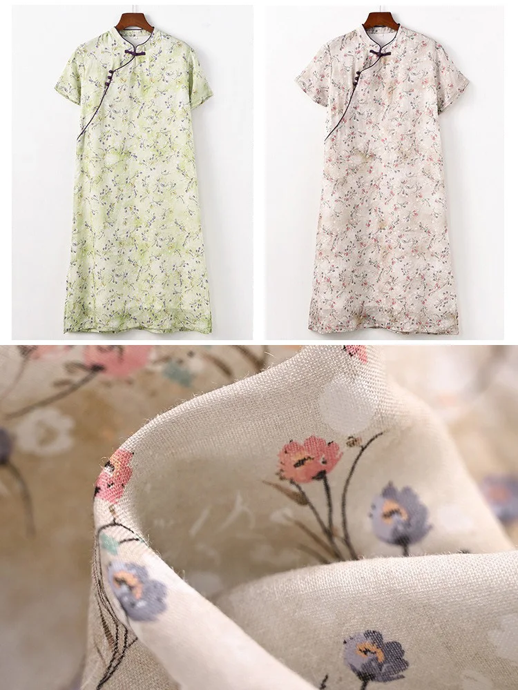 Ramie Floral Dress Chinese Style Short Sleeve Modern Qi Pao Tea Dresses Vintage