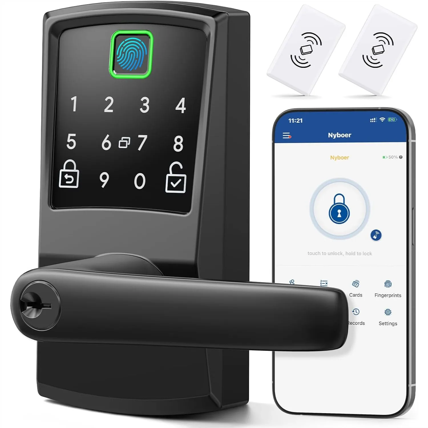 

Smart Keypad Door Lock with Handle, Fingerprint Keyless Entry for Front Door, Matte Black, Easy Installation