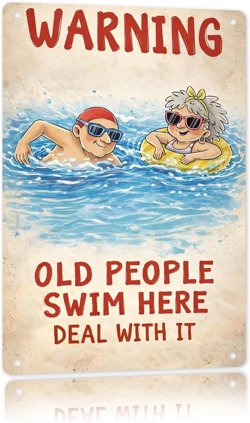 CrazySign Warning Old People Swim Here Metal Tin Sign - Funny Outdoor Pool Decor for Backyard, Patio, Deck, Hot Tub - Vintage Sw