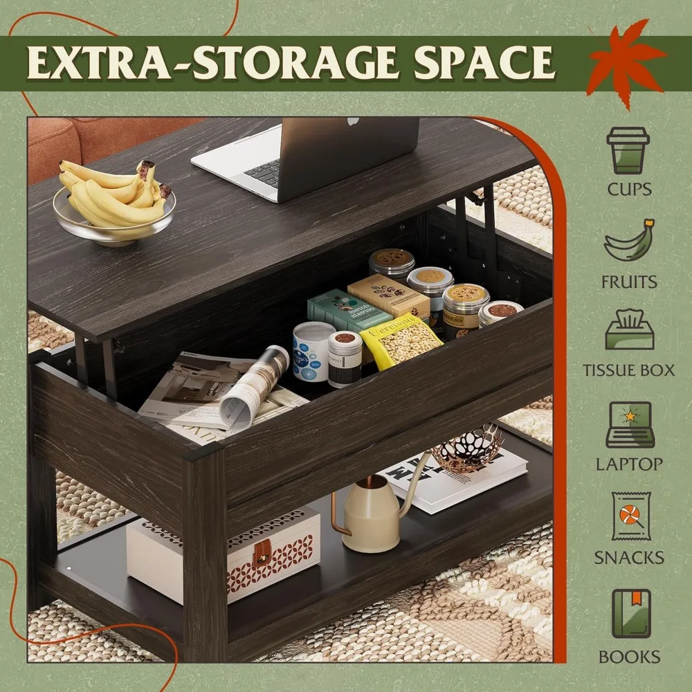 Coffee Table, Top Coffee Table with Hidden Compartment and Storage Shelf