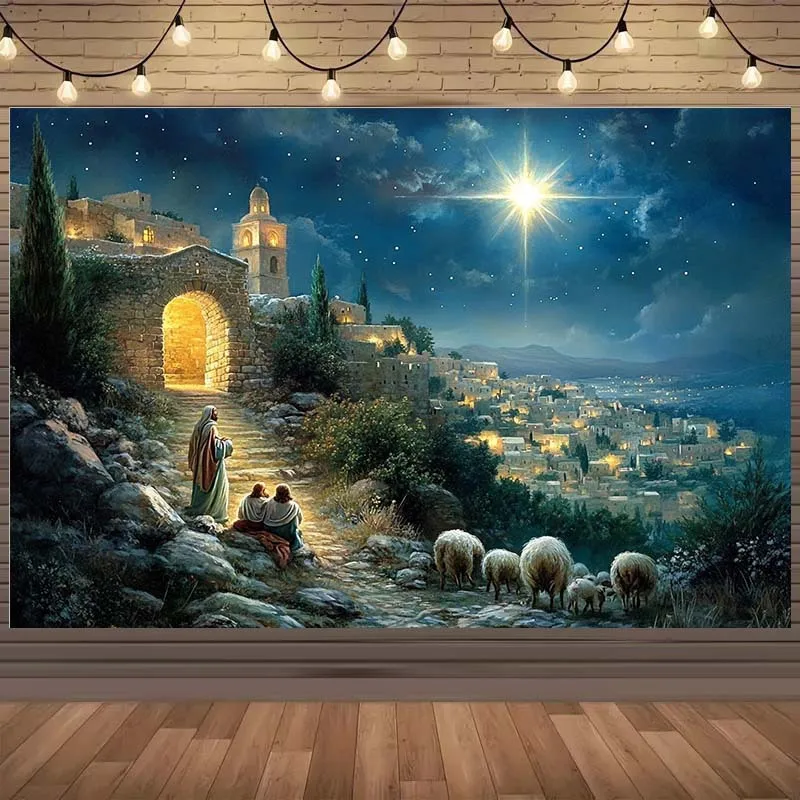 Bibel Geburtsszene Fotografie Hintergrundstoff, Schäferhund und Stadt, Polyester, geeignet für Weihnachts- und Geburtstagsfeiern