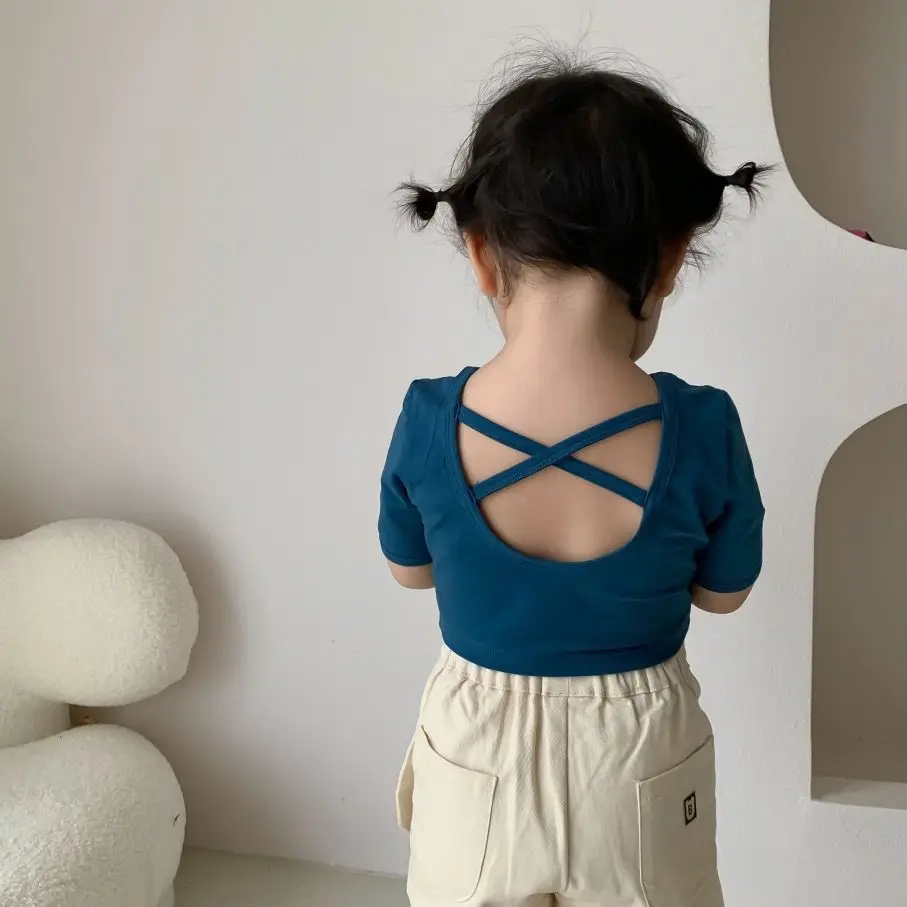 Girls Short Sleeved T Shirt 25 Spring Summer Cute Backless Pure Cotton Short Top
