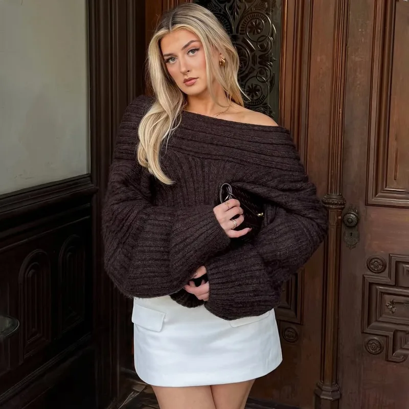 Tuularose damski sweter z odkrytymi ramionami moda luźny na co dzień brązowy sweter w stylu retro wiosna główna ulica biuro Lady topy dzianina