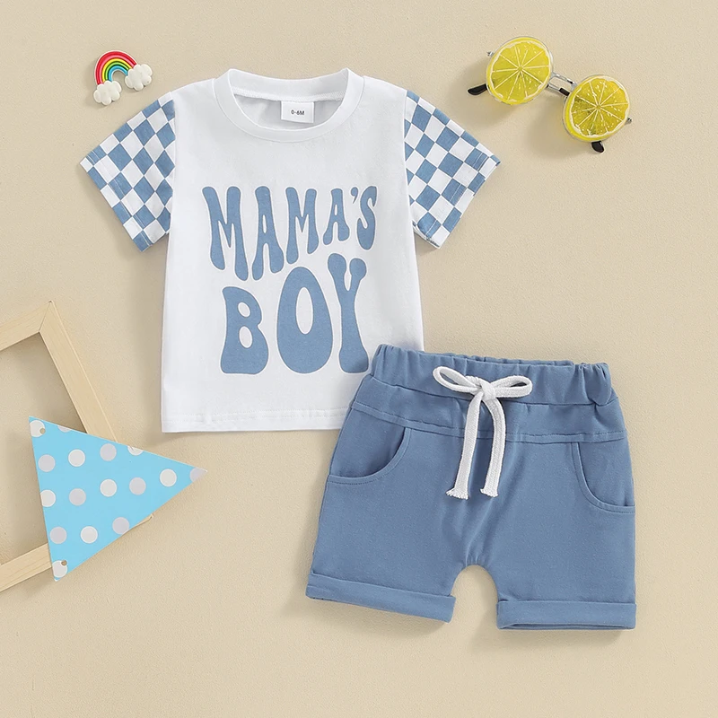 

Toddler Kids Baby Boys Summer Clothes Letter Print Checkerboard Short Sleeve T-Shirts Tops Elastic Waist Shorts 2pcs Clothes