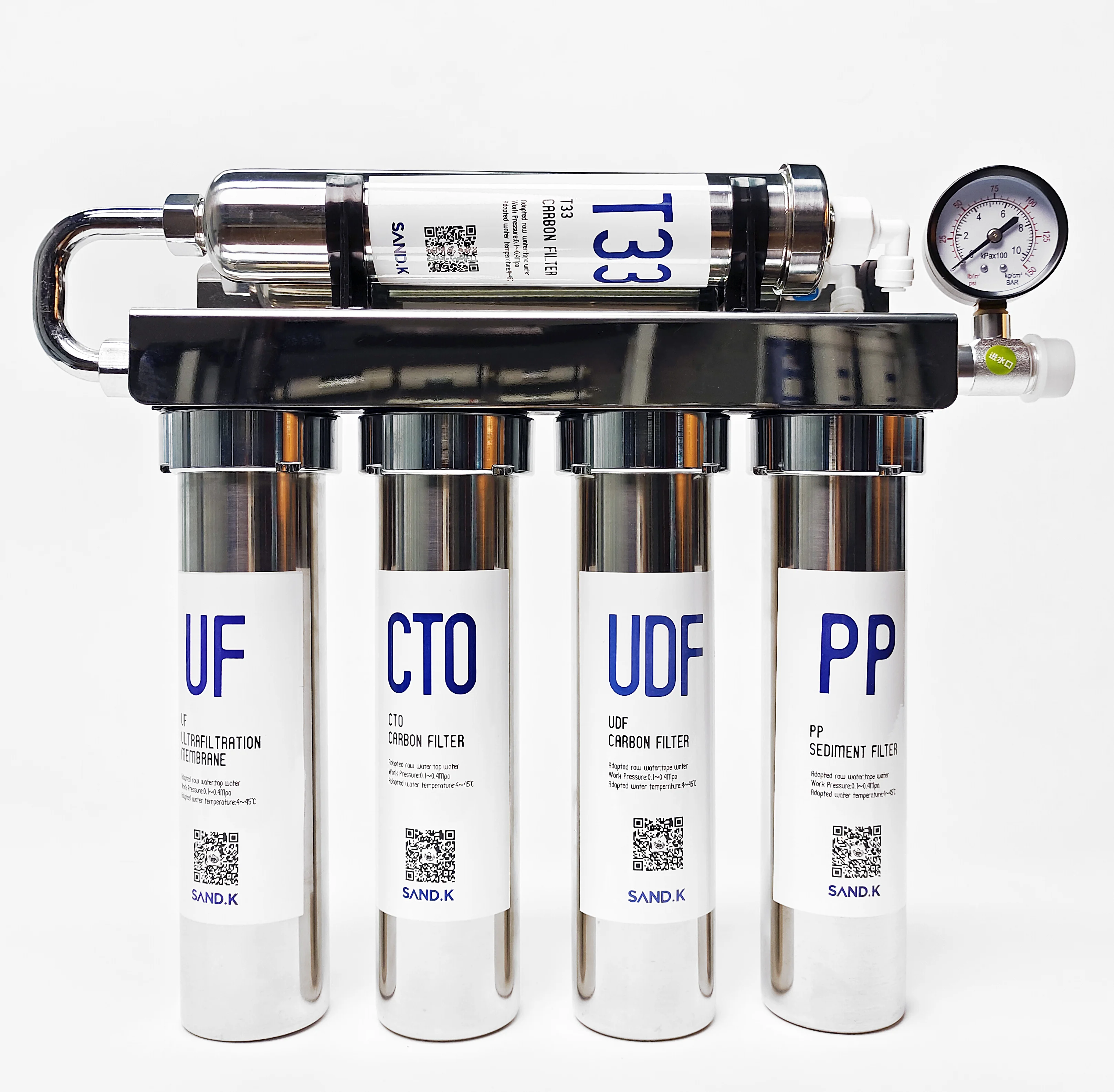 Sandmonk SE Stainless Steel 304 Uf Water Filter Under Sink 5 Stages Ultrafiltration Water Purifier with Pressure Gauge and Tap