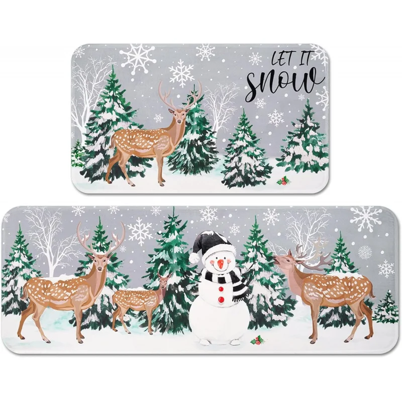 

Christmas Kitchen Carpet Set of Two Snowman Bathroom Sink Decorative Floor Mat Grey 20inX31in 18inX47in