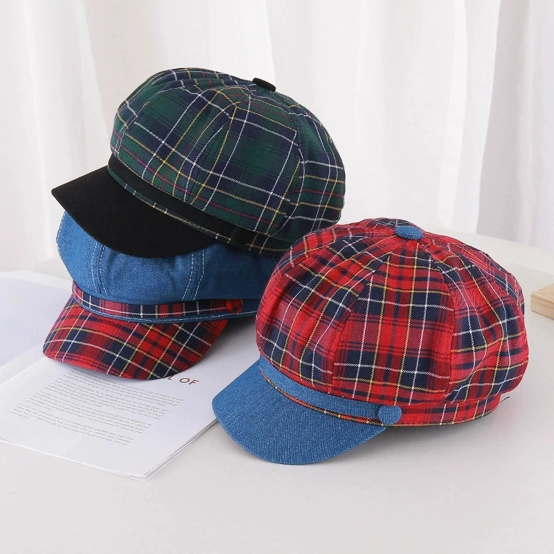 Britischer karierter achteckiger Hut für Damen, koreanischer Stil, lässiger Frühlings-Sonnenschutzhut, Malerhut, Sonnenschutz, Baskenmütze