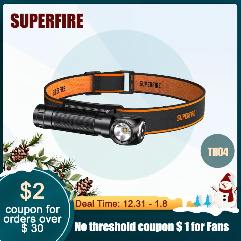 SUPERFIRE TH03 linterna frontal LED de alta potencia USB C recargable Mini 16340 EDC linterna de cabeza en ángulo con faro de trabajo de cola