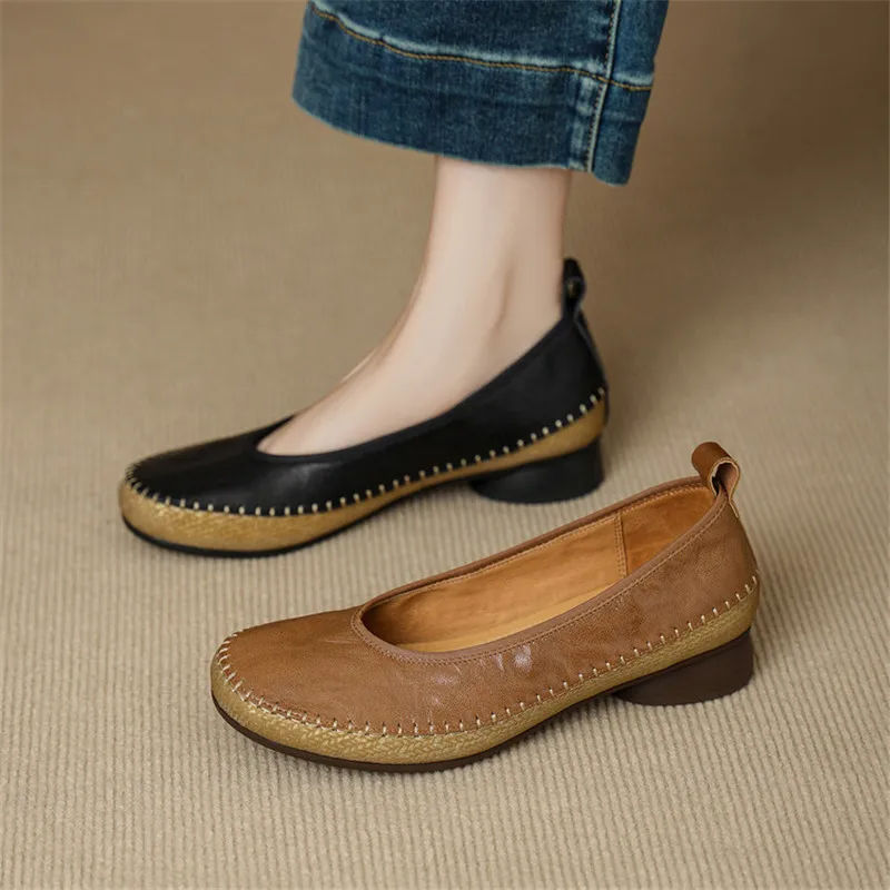 New Spring Autumn Genuine Leather Women Shoes Fashion Retro Round Toe Shoes for Women Low Heel Shallow Women Pumps Roman Shoes