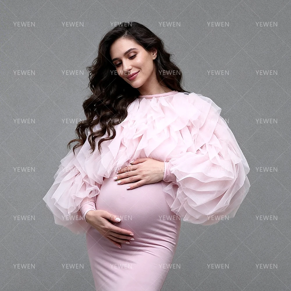Baby Shower Dress Woman Pink Ruffled Tulle Overlay Long Sleeve Dress for Pregnant Women Maternity Clothing Pregnancy YW2603172D view 3