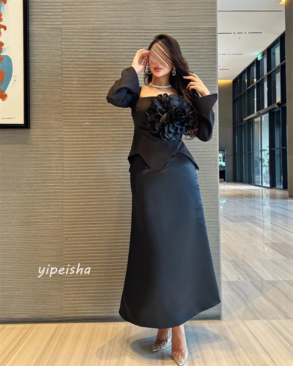 Prom Dress Saudi Arabia Evening Jersey Ruched Flower Cocktail Party A-line Square Neck Bespoke Occasion Gown Midi Dresses