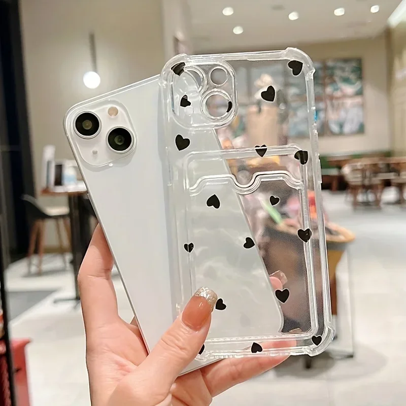 

Case For iPhone 15 14 13 12 11 Pro Max Black White Love Heart Clear Phone Cover For iPhone XS X XR 7 8 Plus Wallet Card Bag Case