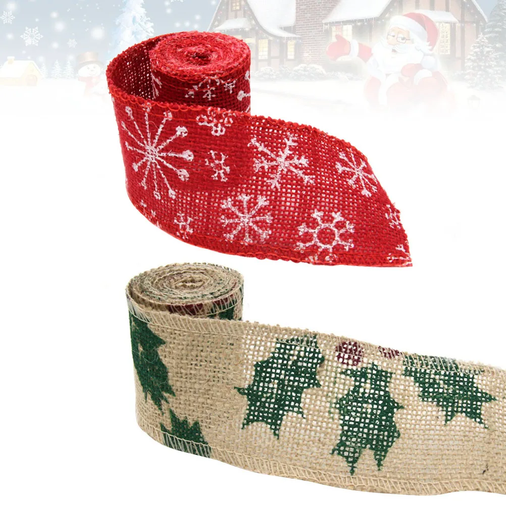 

2 Rolls Retro Printing Linen Strips DIY Christmas Party Decorative Ribbons Bowknot Linen Rolls Red White Green Pattern