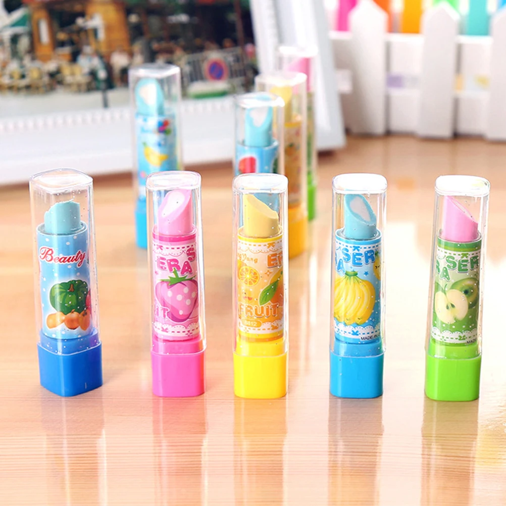 

10pcs Lipstick Shaped Eraser Kids Stationery Novelty Cute Mini School Supplies Safe Creative Fruit Pattern