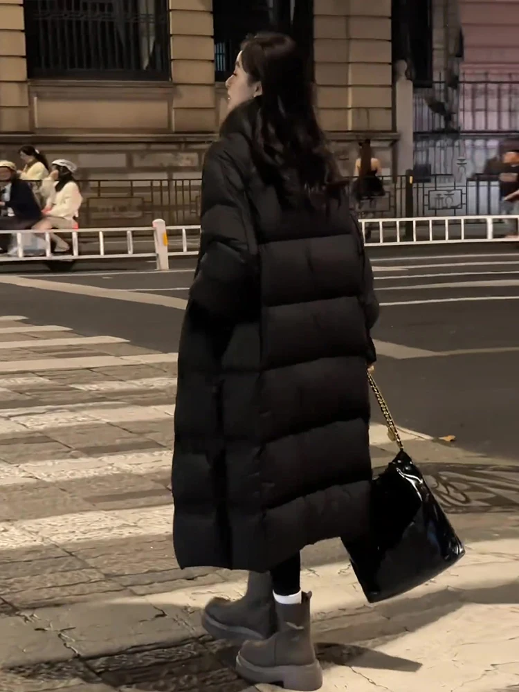 Faionable Thiened Long Bla Du down Jaet Abrigo de invierno con cuello levantado Sli para mujer Commute Sle Du Acolchado de plumas...