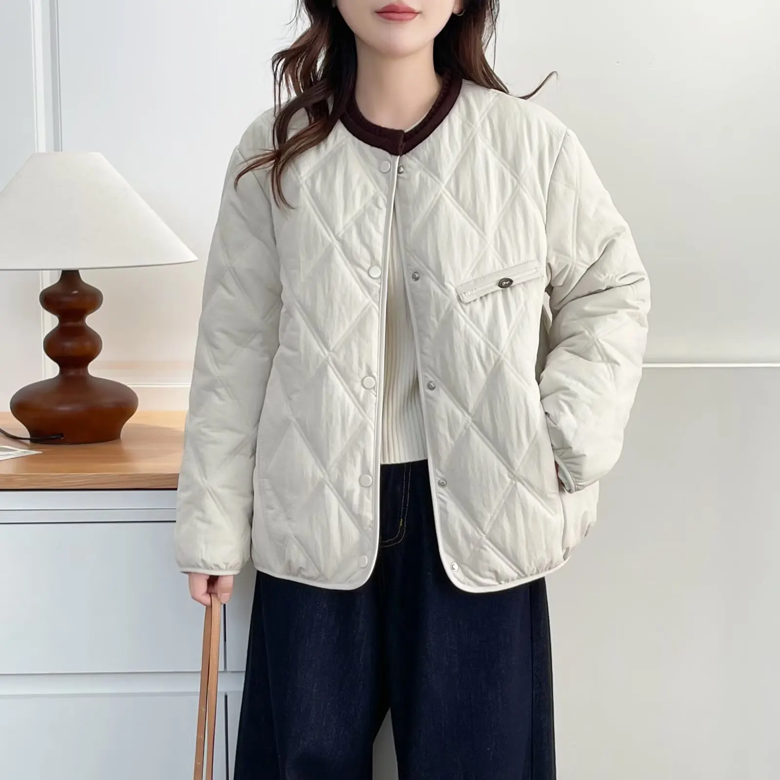 

XXXXL Fashion Plus Size Woman Clothing Parkas Winter Style Loose Warm Coat Casual Block Color Collar Argyle Padded Jacket 2566