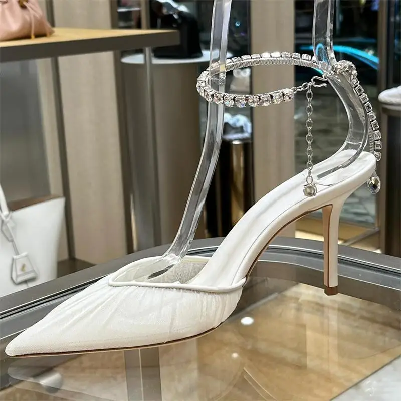 

Summer Pointed Toe Slingback Sandals Fashion Women Shoes Crystal Strap Solid Fine Heels Zapatos Mujer