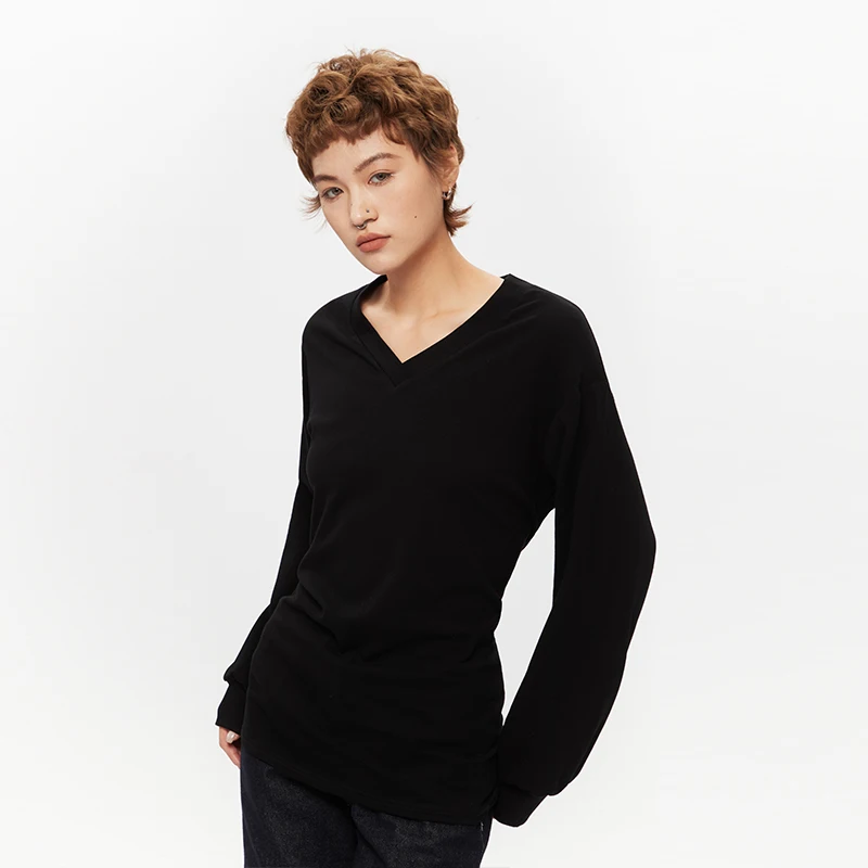 

Однотонная футболка со шнуровкой сзади для женщин, винтажные футболки с длинным рукавом и v-образным вырезом, шикарный дизайн, женские повседневные универсальные тонкие топы