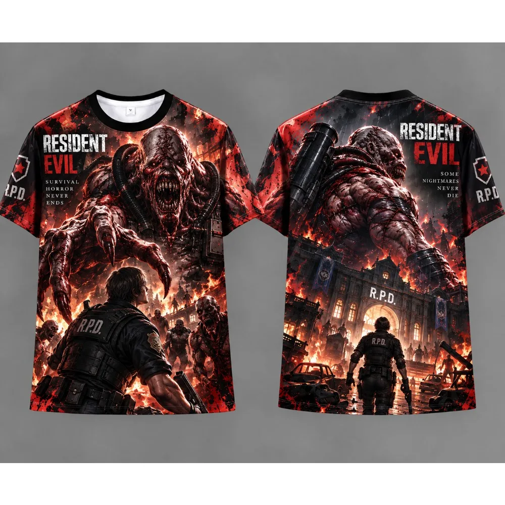 Resident Evil 3D All Over Print T-shirt Unisex Game Zombie RPD Short Sleeve O-Neck Tees Summer Casual Streetwear Game Fans Gift