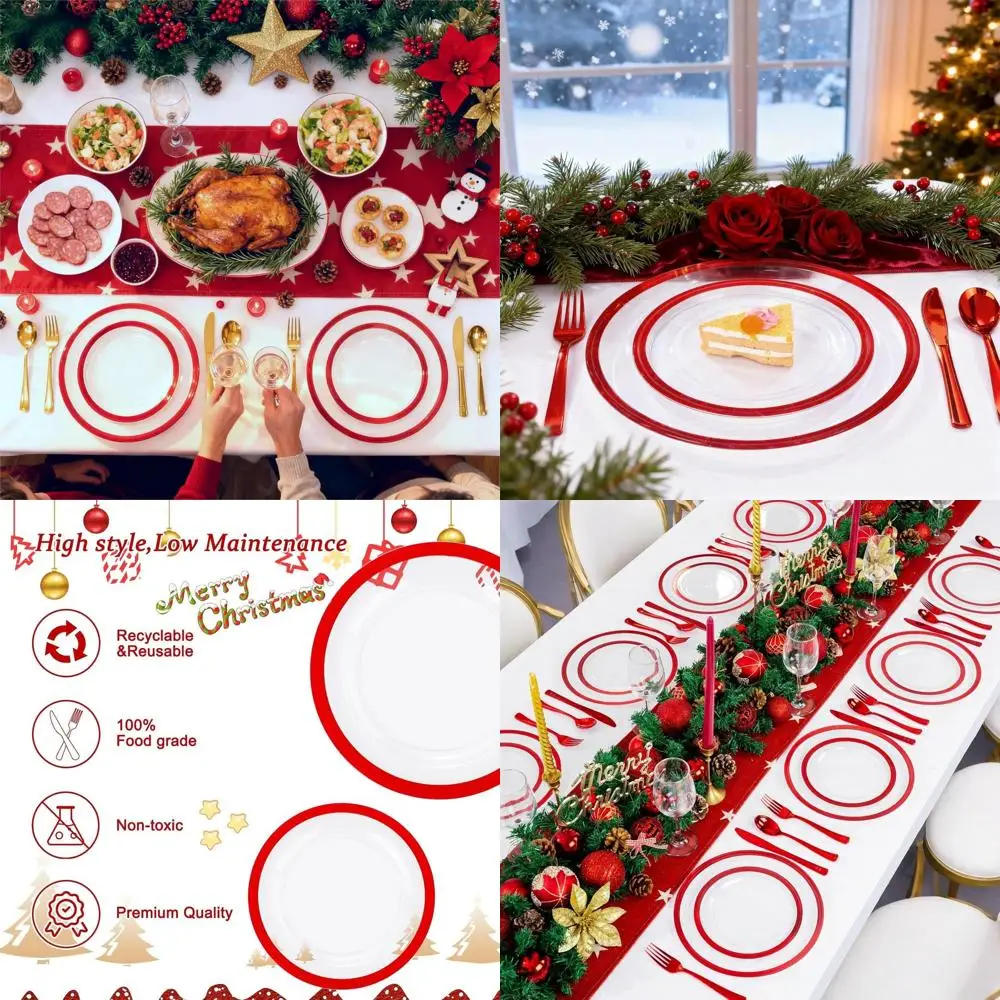 

200 Pack Red Christmas Plates - Disposable Heavy Duty Dinner & Dessert Plates for Parties & Celebrations