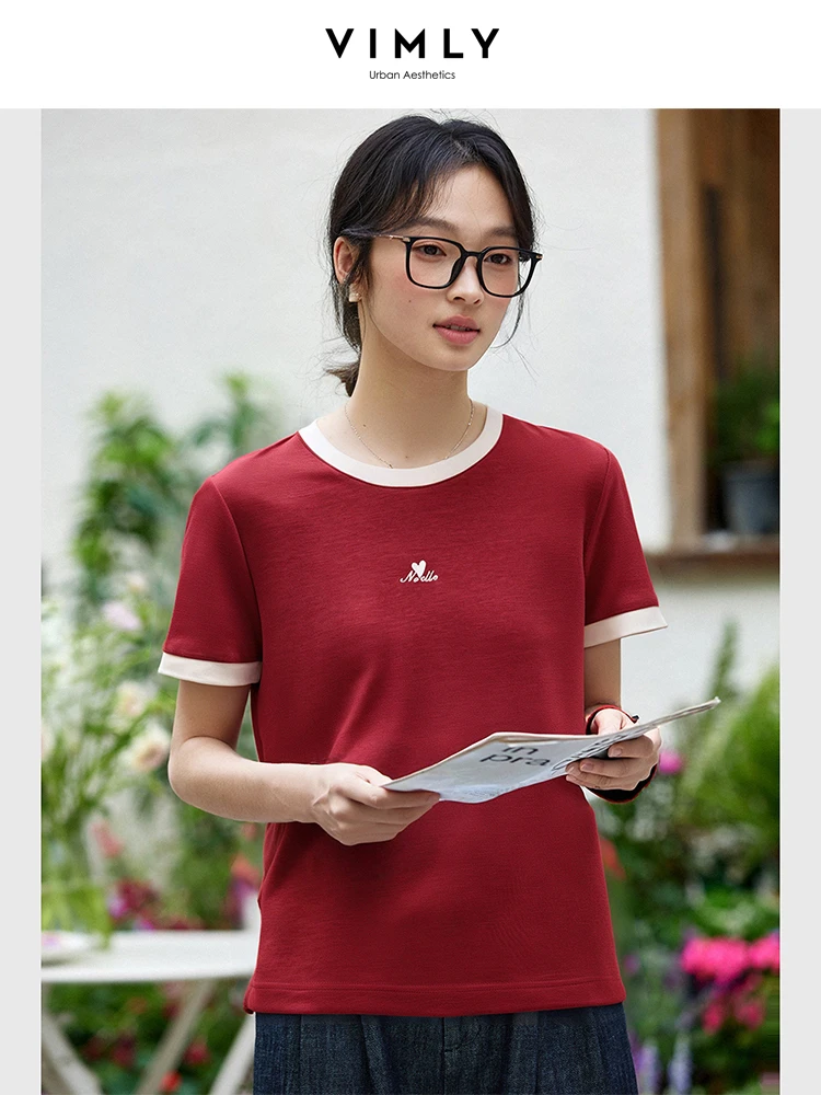 

VIMLY Summer T-shirts Women's Cotton Blend Tshirt 2025 Casual Short Sleeve Top Ladies Girl Contrast T Shirt Woman Clothes A1157