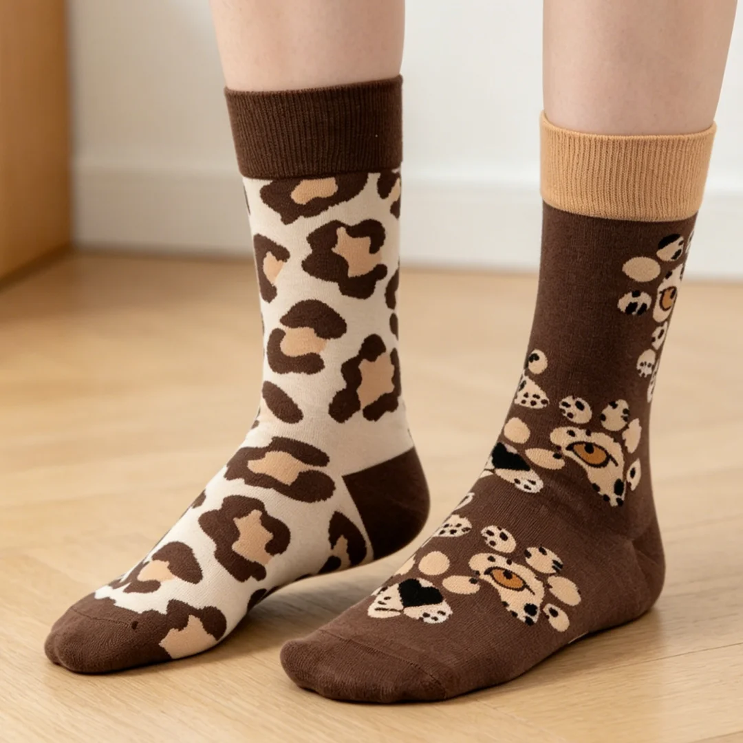 1 pair of socks with an asymmetrical leopard print, trendy retro design, sizes 35–41