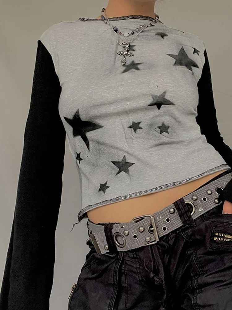 

Star T Shirt Women Vintage Crop Top Long Sleeve Female Patchwork Pullovers Casual Basic Tee Y2k Ladies Fashion Top Autumn