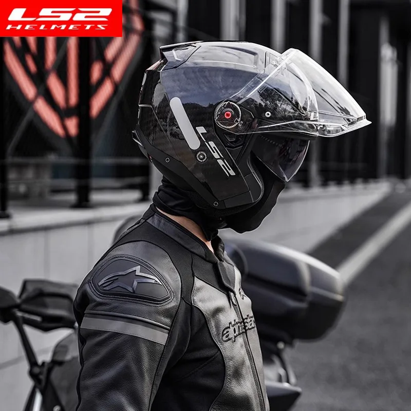 

LS2 Carbon Fiber Motorcycle Helmet Men's and Women's Four Seasons Double Lens Electric Vehicle Three-quarter Helmet OF603