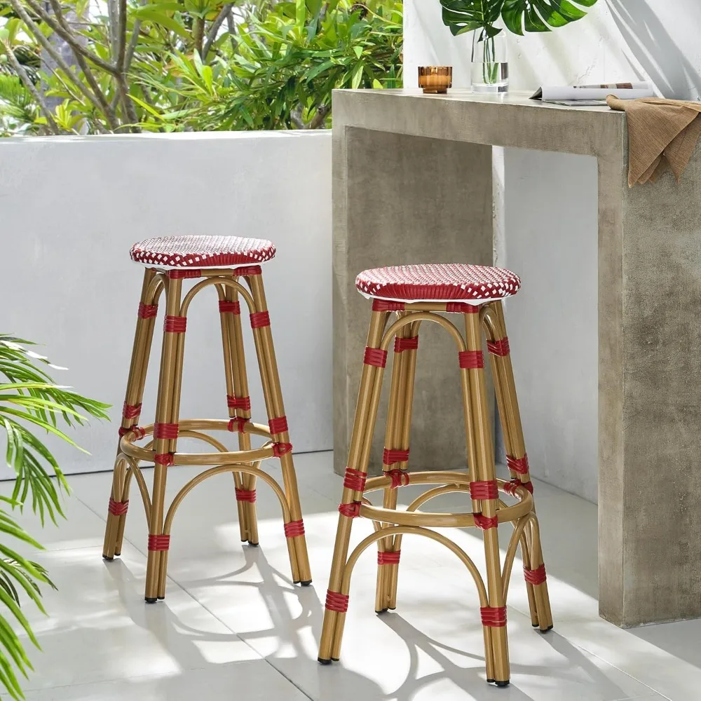 

Outdoor French Bistro Stools, Set of 2 – 29.5" Bar Height, Rattan Seat & Aluminum Legs – Backless for Kitchen Island/Patio​