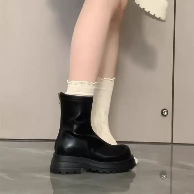 Women's  Boots Autumn Winter High Rise Thinening One-Touch Pull-On Boots Korean Style Mid-Calf Warmth Inner Lined Boots