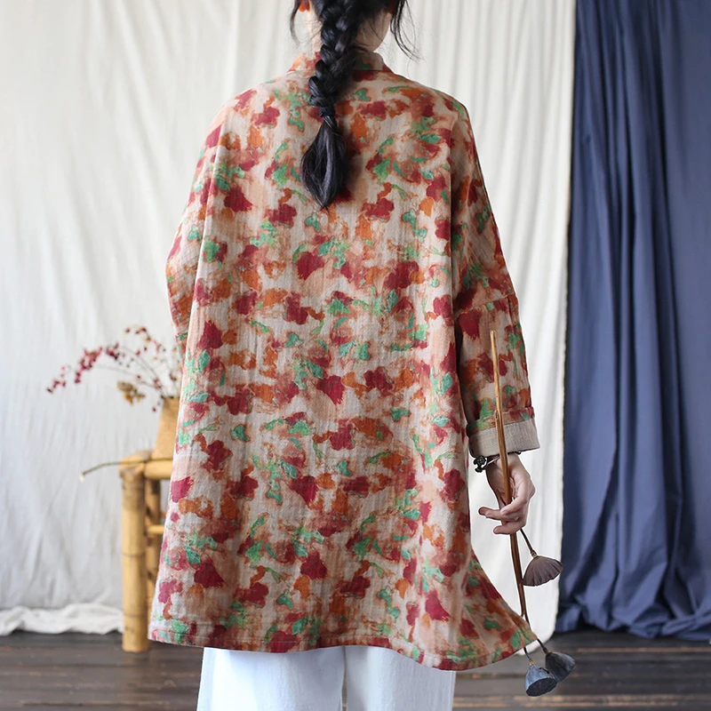 Chinesischen Stil Frauen Casual Lange Jacken Neue Ankunft 2025, Frühling Vintage Stil Blumen Druck Lose Weibliche Baumwolle Jacken M1103