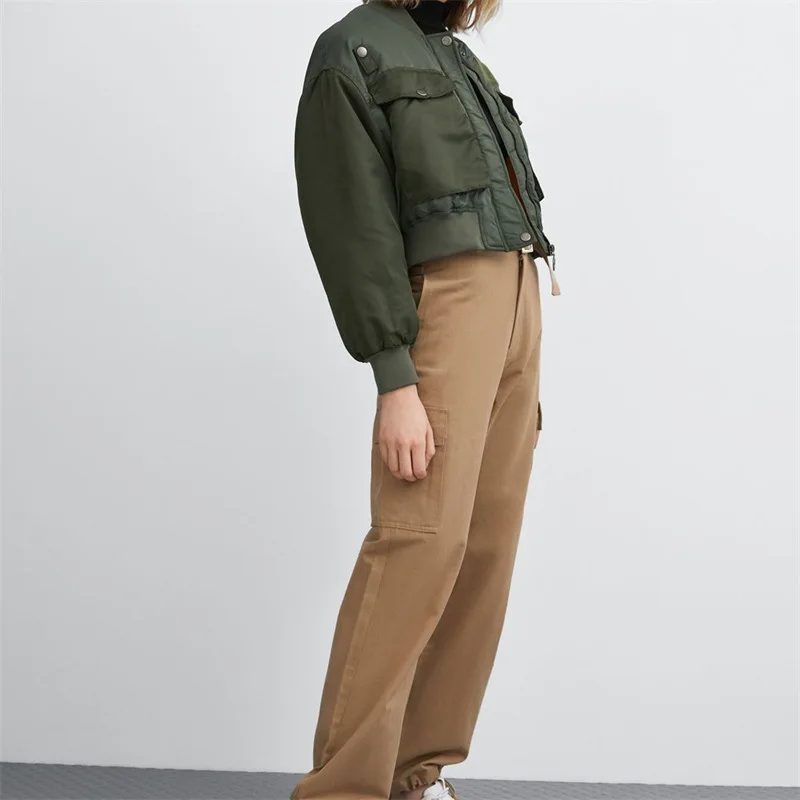 Green Bomber Jacket Padded Cotton Coat Zip Up Stand Collar Long Sleeve Pockets Loose Fit Warm Winter Outerwear Jacket