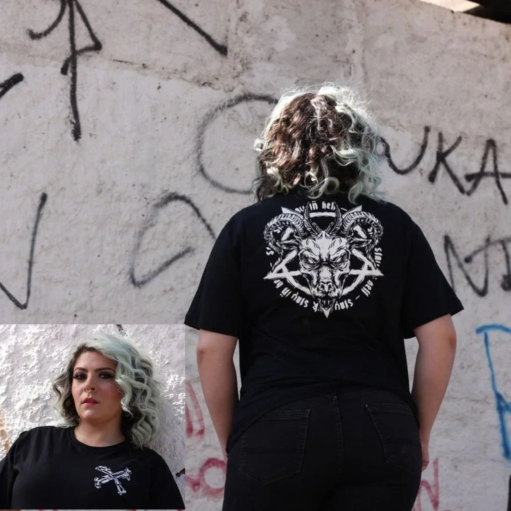 2025 Summer Tshirt New Men's Gothic Street Wear T-shirt with Goat Skull Pentagram Pattern and Farewell To Hell, Unisex Harajuku